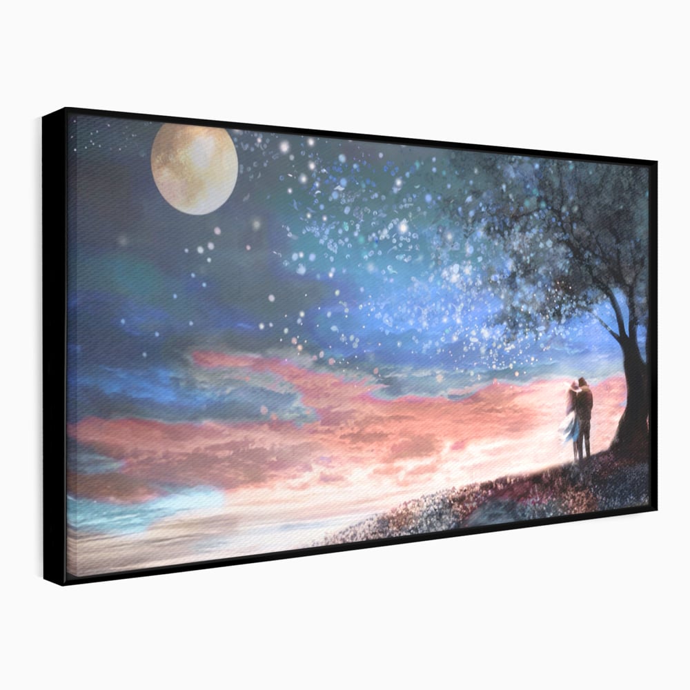 Tablou canvas cu ilustratie cuplu sub cer instelat, in rama de aluminiu negru